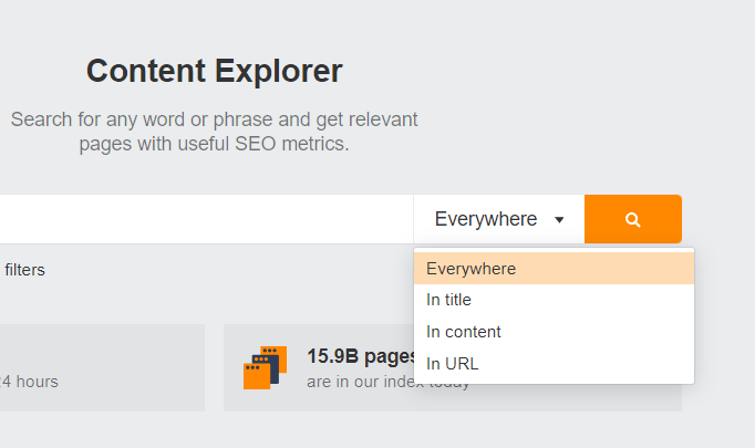 Ahrefs Content Explorer dropdown showing where keyword will be searched (everywhere, in title, in content, in URL)