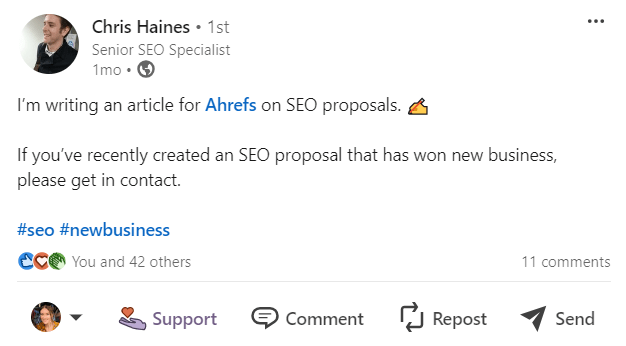 A shout out for SEO proposals by Ahrefs' Chris Haines on LinkedIn