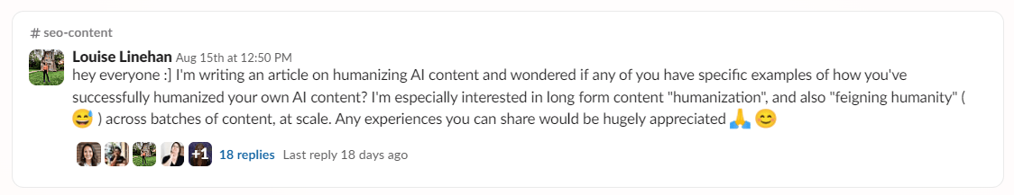 A shout out for AI content examples by Ahrefs' Louise Linehan on Women in Tech SEO