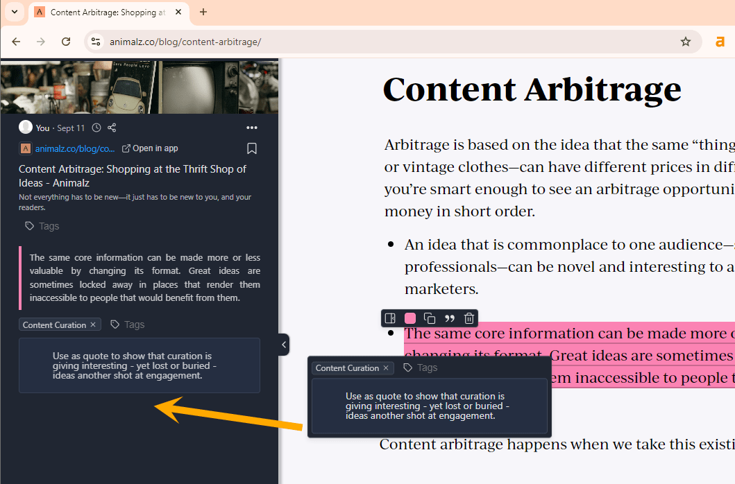 Web highlighter being used on a page to save a quote for future content curation