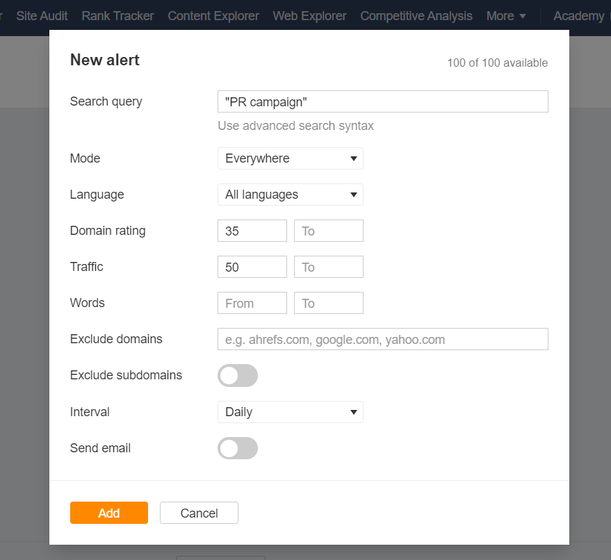 An example of the configuration of Ahrefs “Mention” alerts for the keyword 'PR campaign'