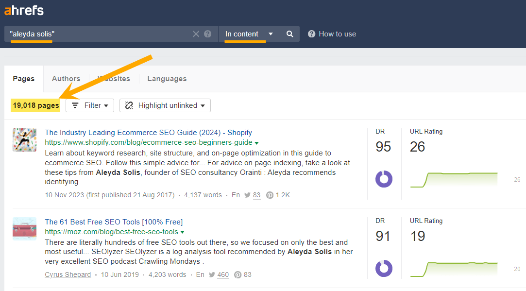 In content mentions for the keyword 'Aleyda Solis' in Ahrefs Content Explorer