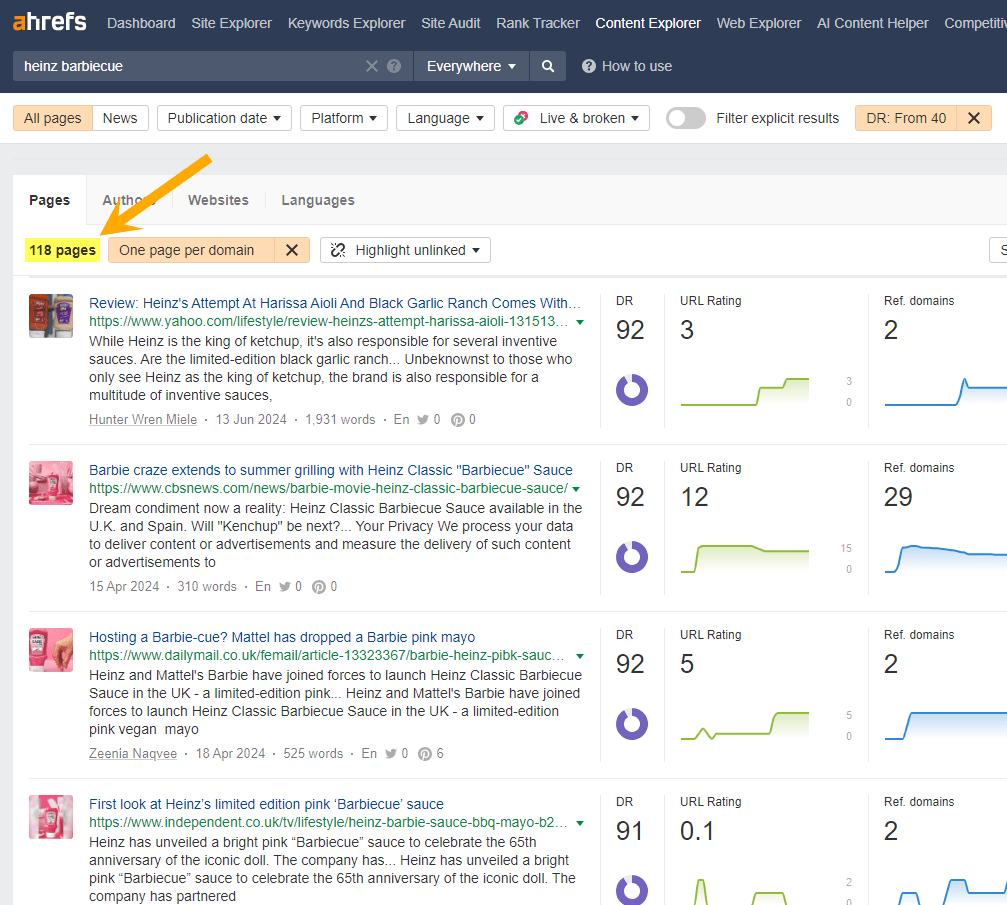 A screenshot of Ahrefs Content Explorer highlightin 118 mentions of Heinz Barbiecue