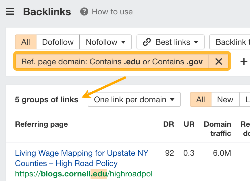 Filtering for educational and government backlinks in Site Explorer