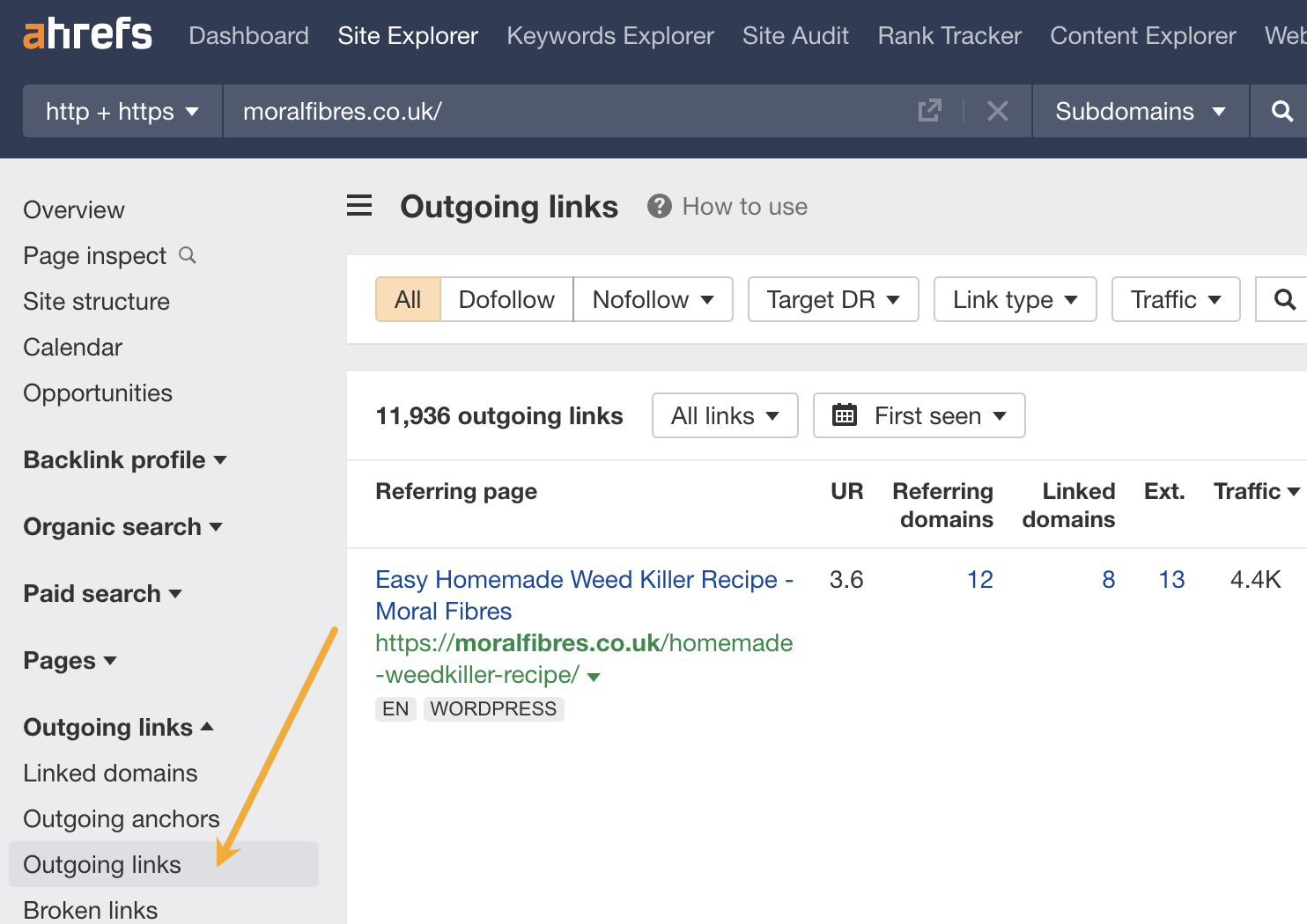 Finding outgoing links in Ahrefs' Site Explorer