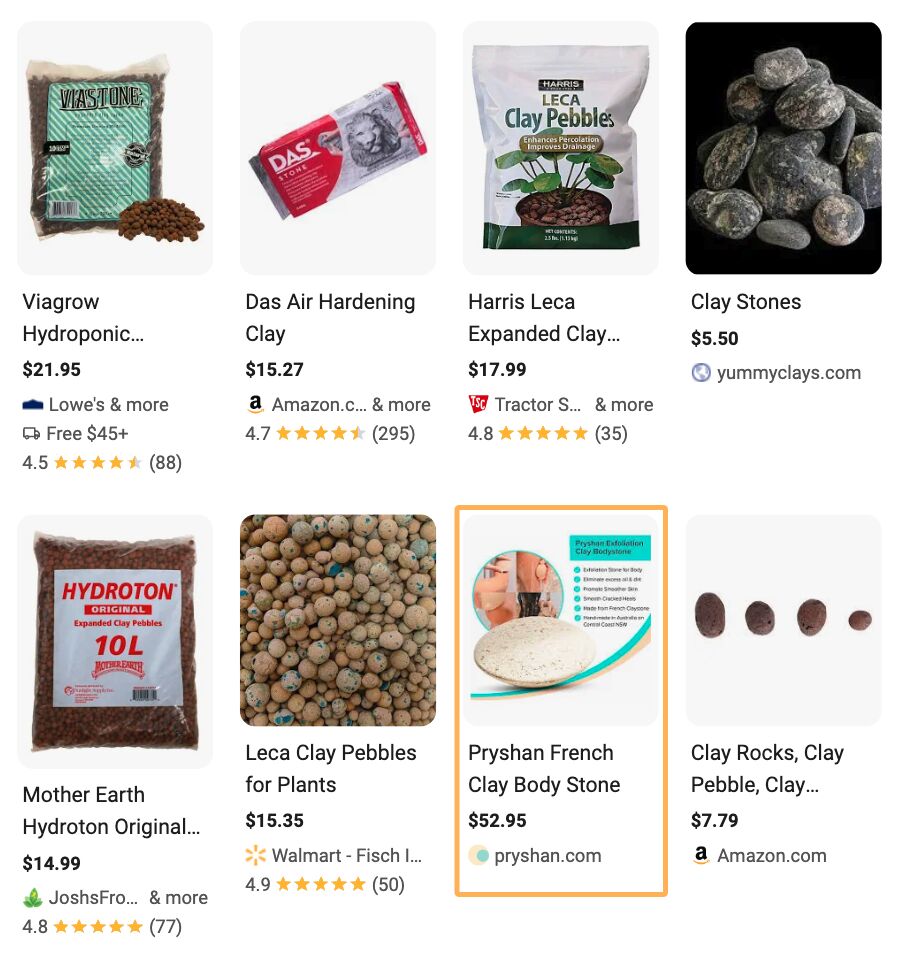 Pryshan's shop listing on Google for the keyword "clay stones" is among gardening products.