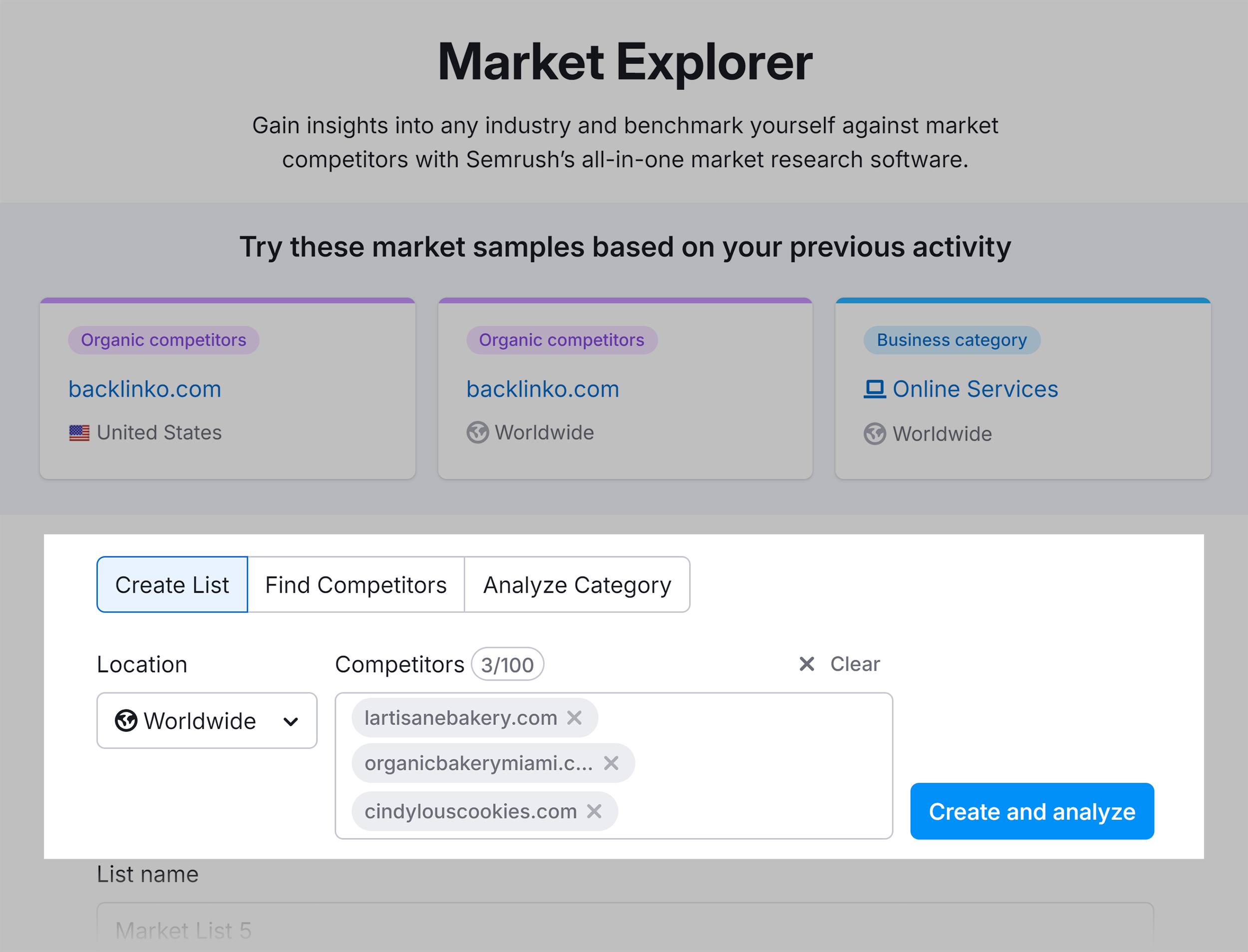 Semrush – Market Explorer – Bakery competition