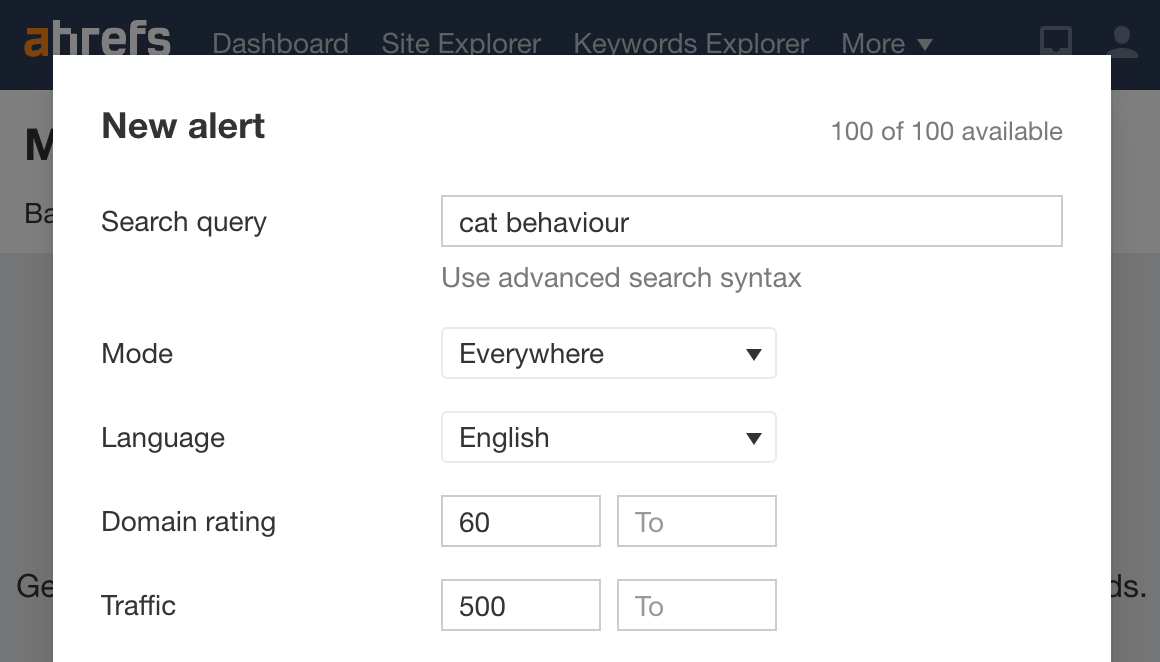 Setting up alerts for "cat behaviour" in Ahrefs Alerts