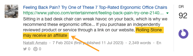 Screenshot of a headline from Yahoo reading "Feeling back pain? Try one of the 7 top-rated ergonomic office chairs" with text highlighted reading"Rolling Stone may receive an affiliate"