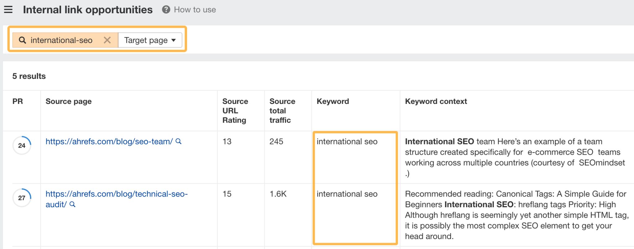 Applying filters to find internal link opportunities for specific pages.