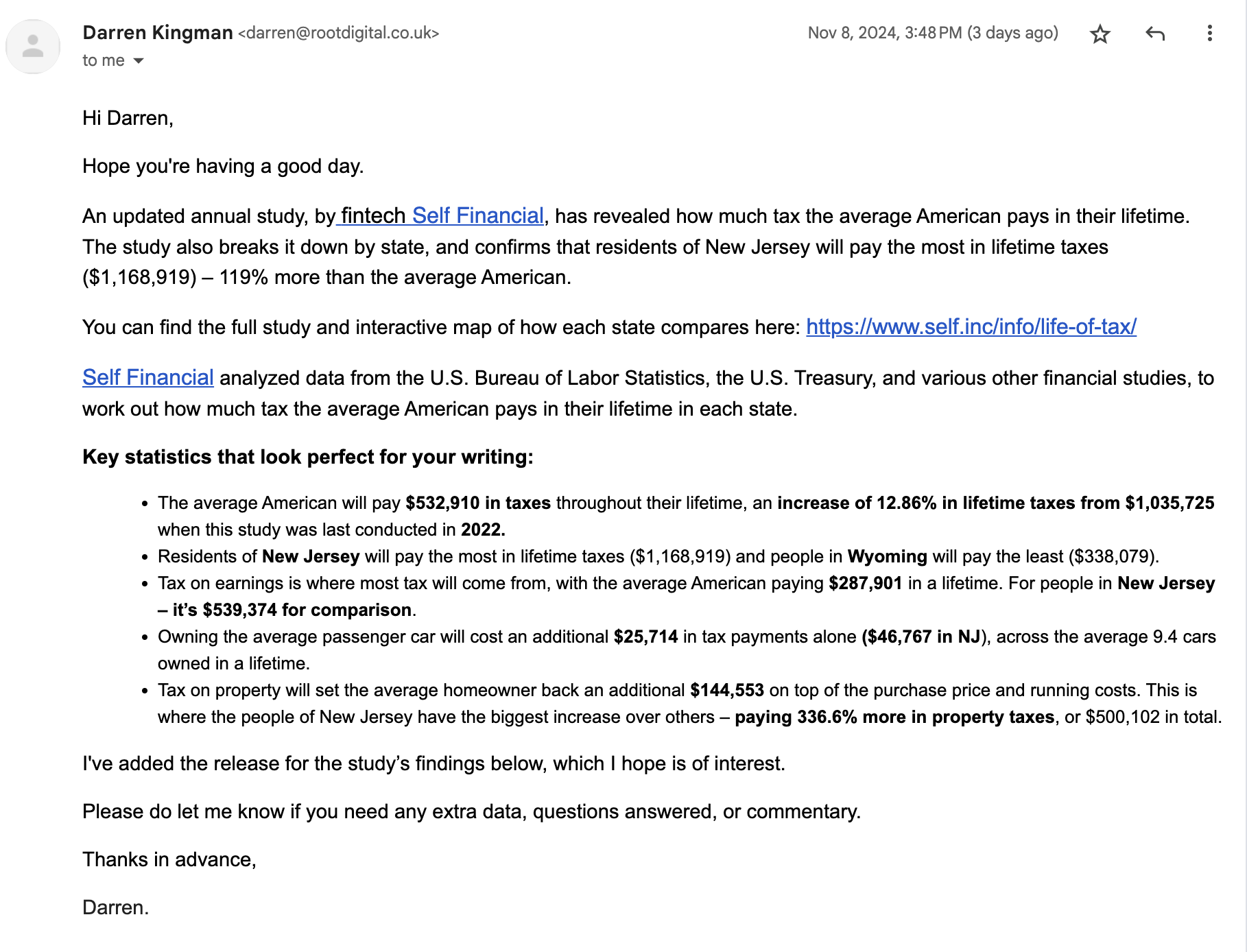 Example outreach email from Darren Kingman