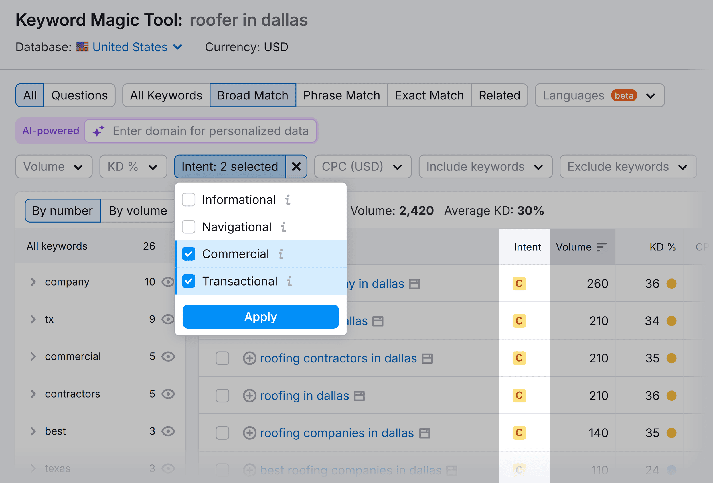 Keyword Magic Tool – Roofer in Dallas – Intent filter