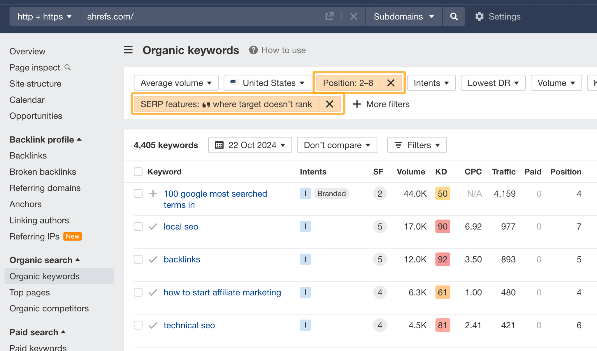 Using filters in Ahrefs to find featured snippet opportunities.