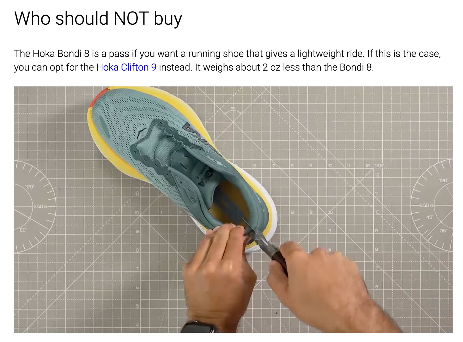 An example of RunRepeat cutting their shoes in half