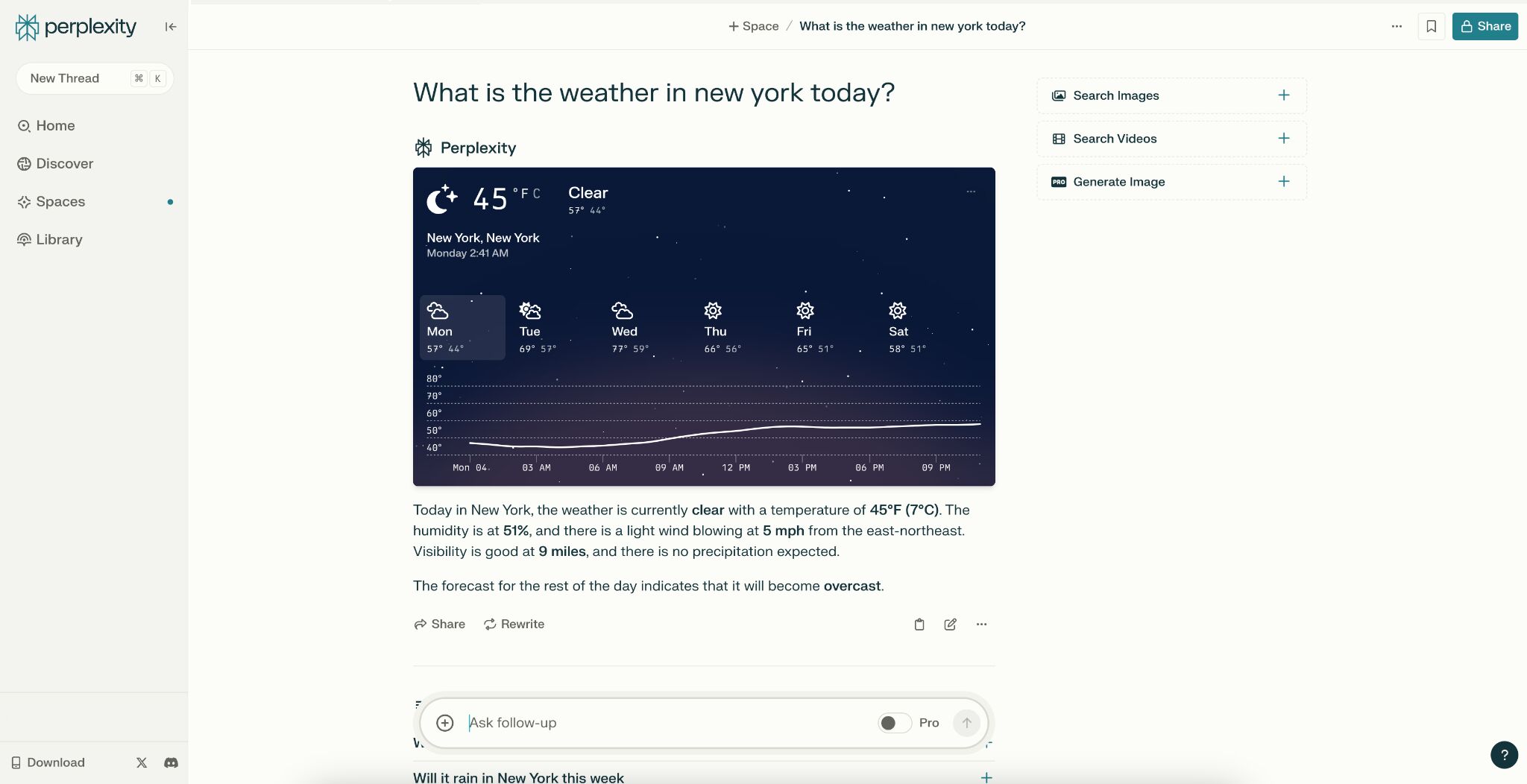 Screenshot asking Perplexity what the weather is in New York