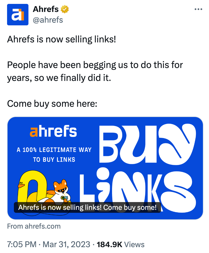 Our tweet announcing we were selling links