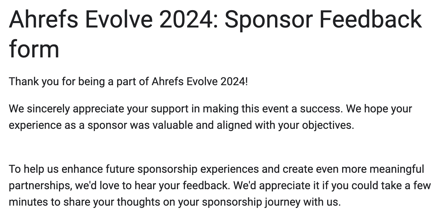 Ahrefs Evolve 2024 feedback form for sponsors