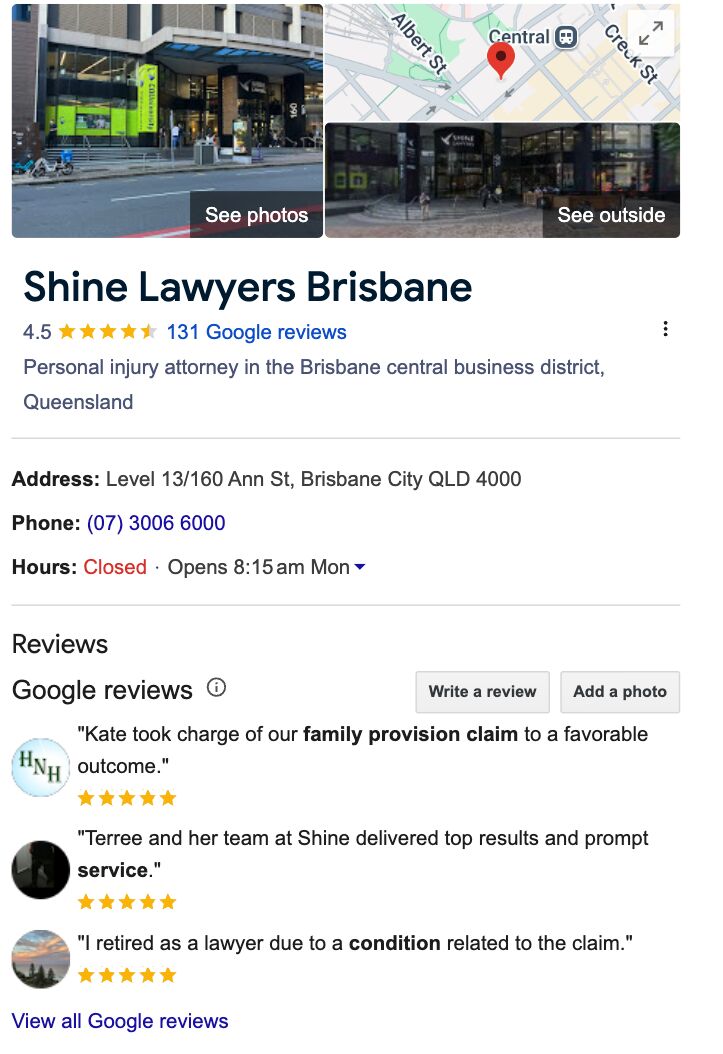 Example of Google Business listing from Shine Lawyers in Brisbane.