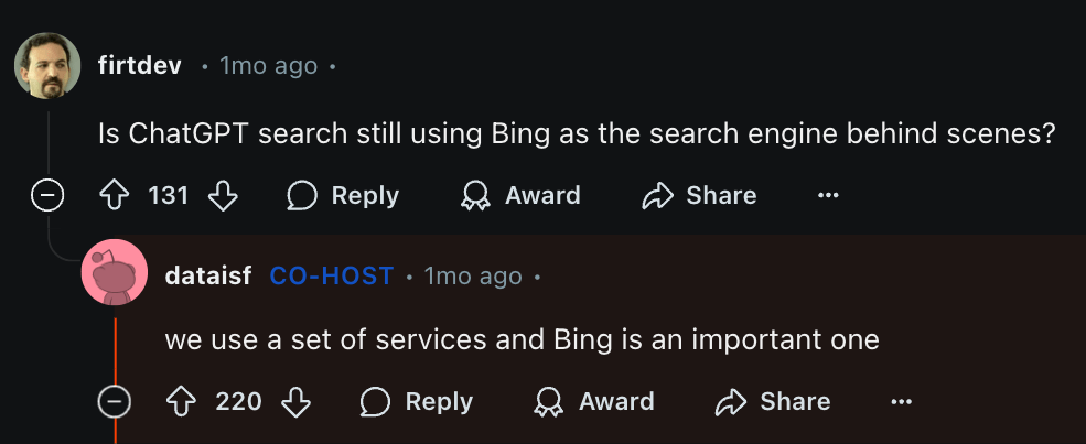 Screenshot of Reddit AMA where OpenAi's leadership confirmed Bing is an important data source for ChatGPT's search engine.