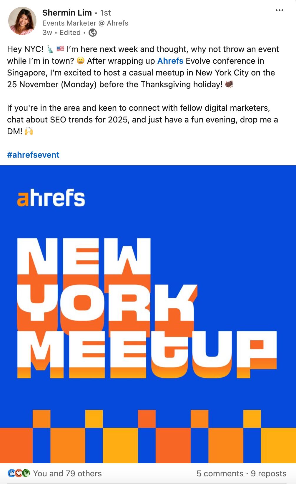 Shermin posting about a NYC SEO meetup on LinkedIn