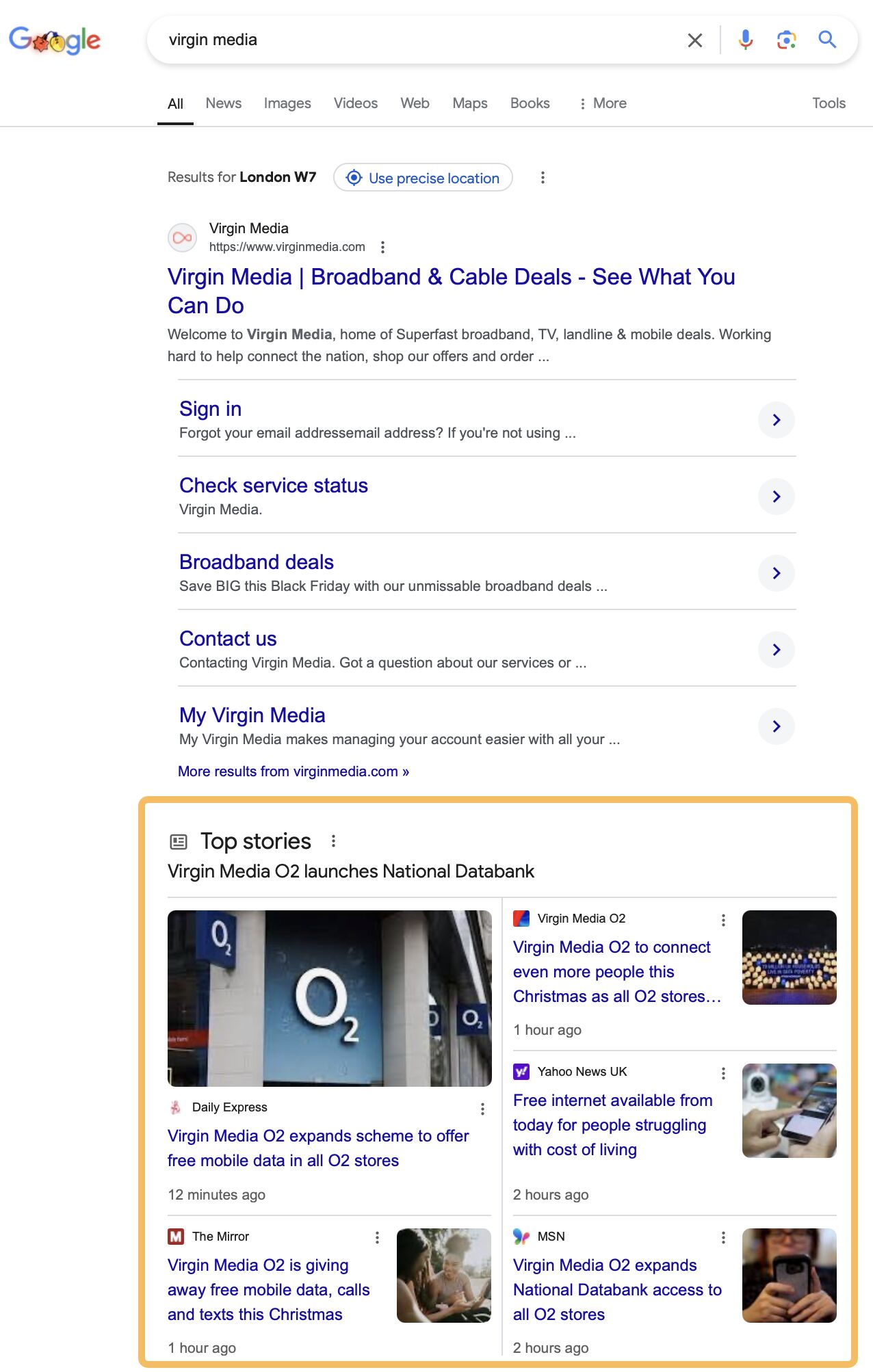 Virgin Media News Coverage In Search Results Example, Via Google.com