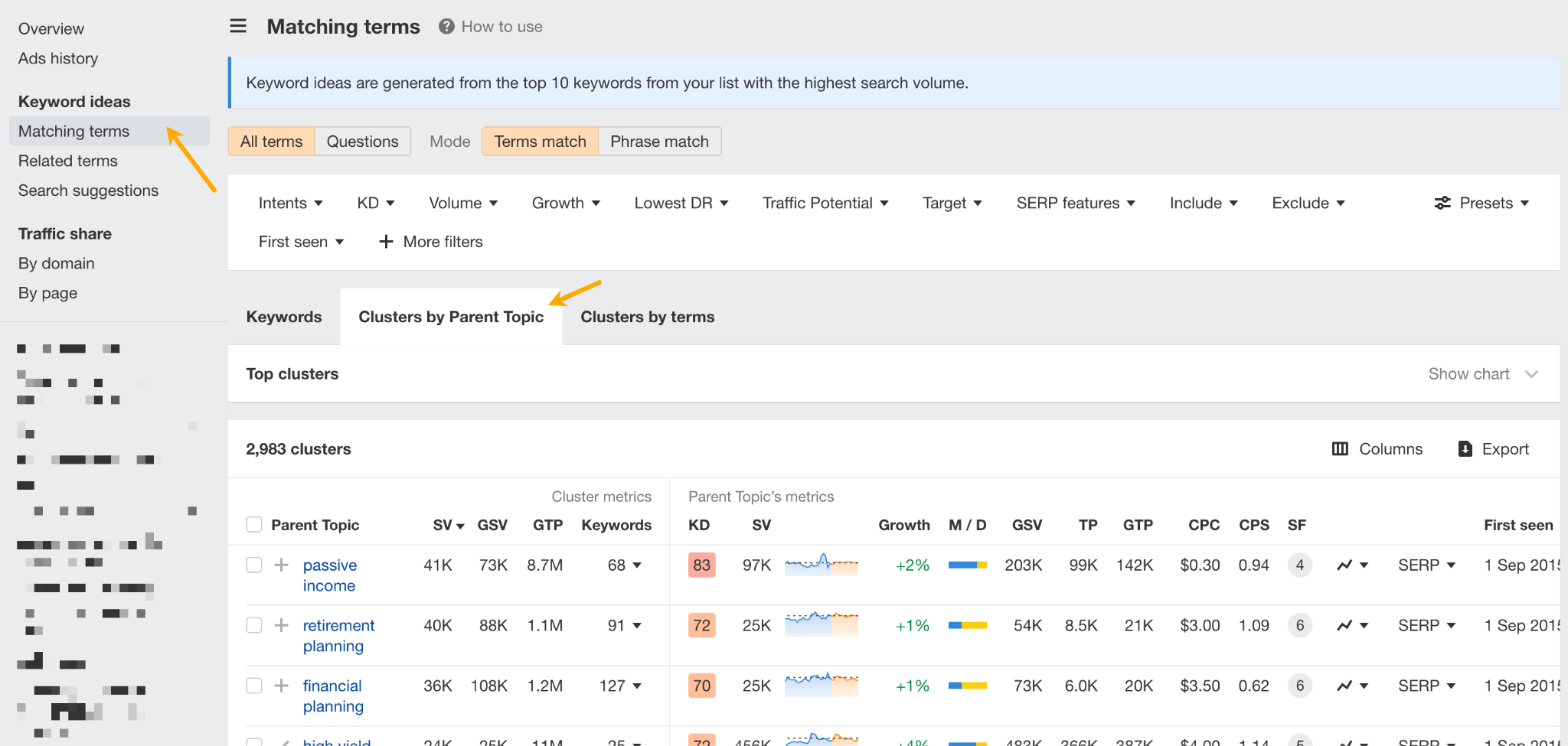 Creating parent topic clusters in Keywords Explorer. 