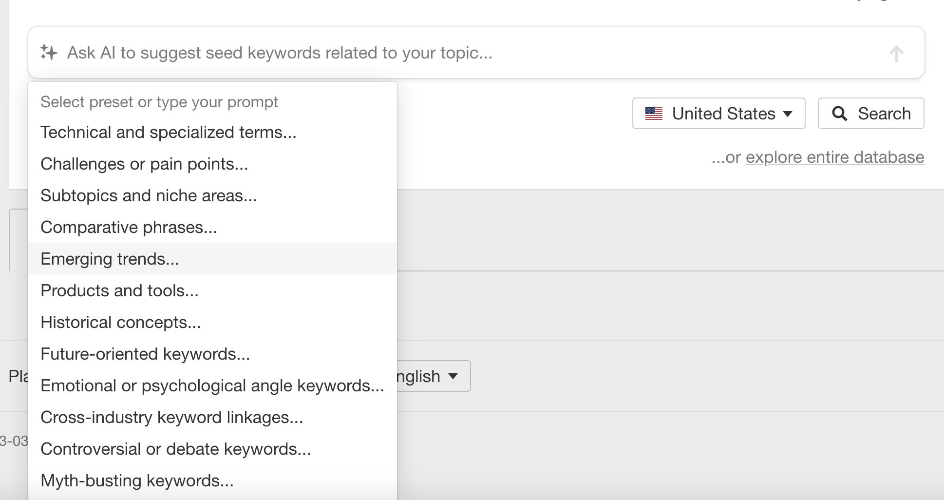 A screenshot of Ahrefs Keyword AI content creation tool, showing the 12 presets available for AI generated keywords, including 'comparative phrases' and 'products and tools'