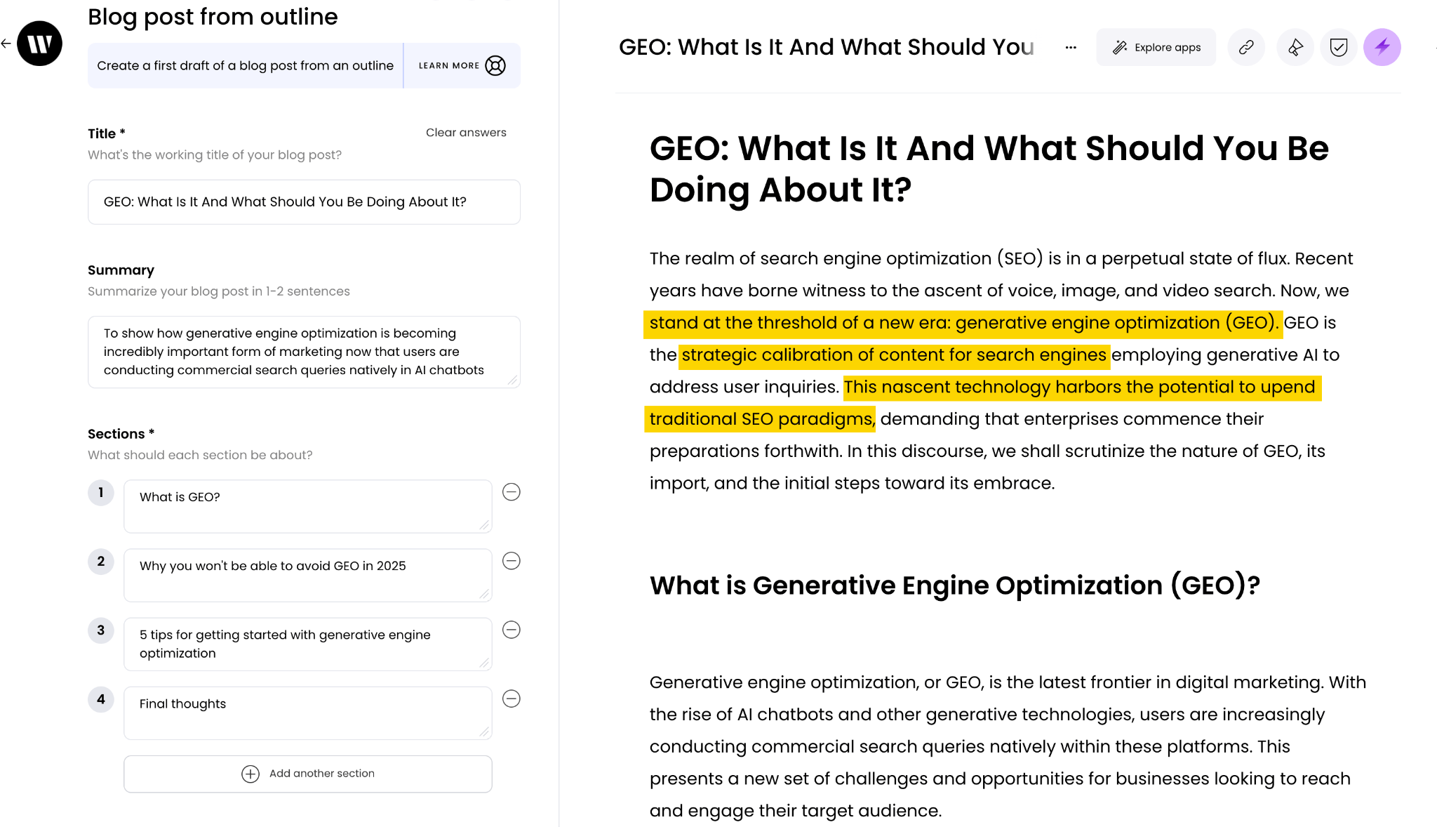 A screenshot of AI content creation tool, Writer, and its 'Blog post from outline' app, showing a blog on Generative Engine Optimization. Some sentences are highlighted because their tone and style is questionable and doesn't match the voice of the author. One sentence reads 'The nascent technology harbors the potential to upend traditional SEO paradigms'. It is at odds with the writer's usual informal, slightly snarky tone.