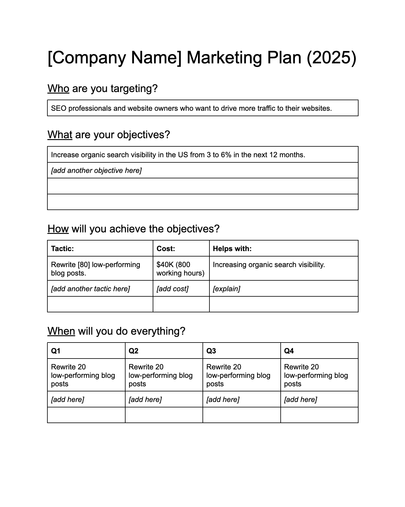 A content marketing plan template in Google Docs as laid out by ahrefs